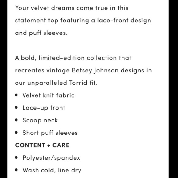 TORRID NWT BETSEY JOHNSON BLACK VELVET PUFF SLEEVE CORSET TOP - Picture 5 of 7